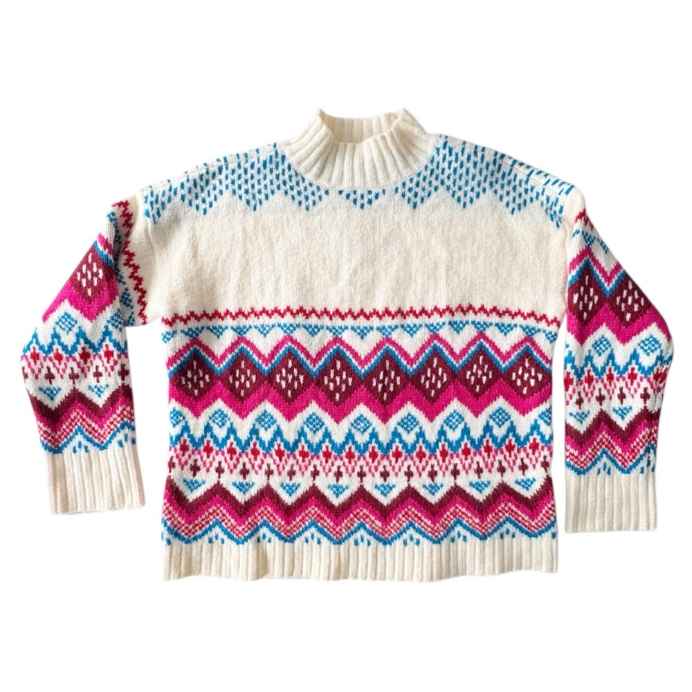 LOFT Whisper White Fair Isle Wide Sleeve Mock Neck Sweater - Picture 4 of 9